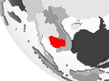 Kamboçya'da kırmızı görünür ülke sınırları ve şeffaf okyanuslar ile basit gri siyasi dünya üzerinde. 3D çizim.