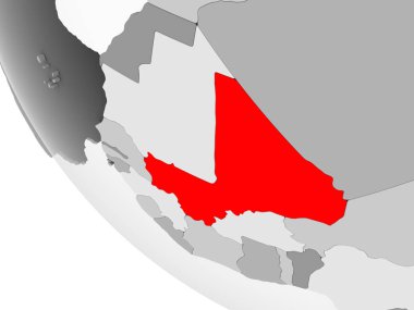 Mali kırmızı görünür ülke sınırları ve şeffaf okyanuslar ile basit gri siyasi dünya üzerinde. 3D çizim.