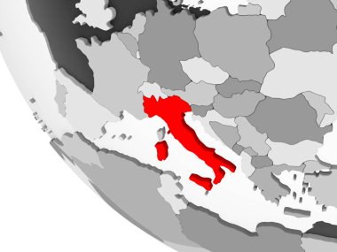 İtalya kırmızı görünür ülke sınırları ve şeffaf okyanuslar ile basit gri siyasi dünya üzerinde. 3D çizim.