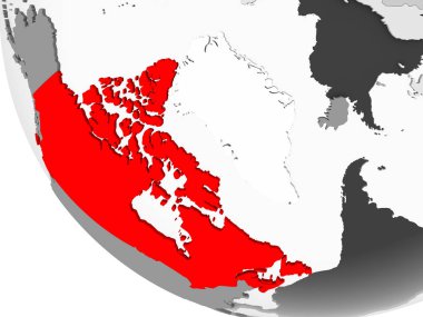 Kanada kırmızı görünür ülke sınırları ve şeffaf okyanuslar ile basit gri siyasi dünya üzerinde. 3D çizim.