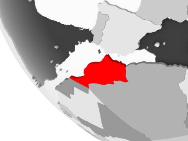 Fas kırmızı görünür ülke sınırları ve şeffaf okyanuslar ile basit gri siyasi dünya üzerinde. 3D çizim.