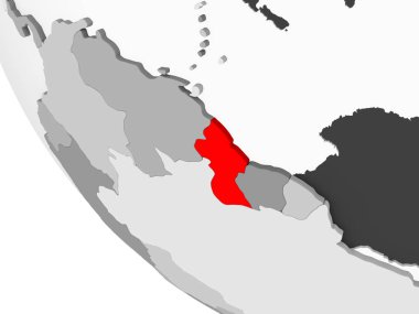 Guyana kırmızı görünür ülke sınırları ve şeffaf okyanuslar ile basit gri siyasi dünya üzerinde. 3D çizim.