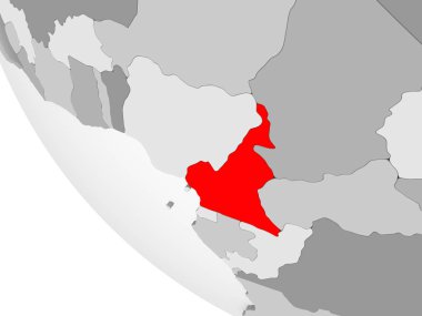 Kamerun kırmızı görünür ülke sınırları ve şeffaf okyanuslar ile basit gri siyasi dünya üzerinde. 3D çizim.