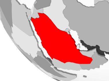 Suudi Arabistan kırmızı görünür ülke sınırları ve şeffaf okyanuslar ile basit gri siyasi dünya üzerinde. 3D çizim.