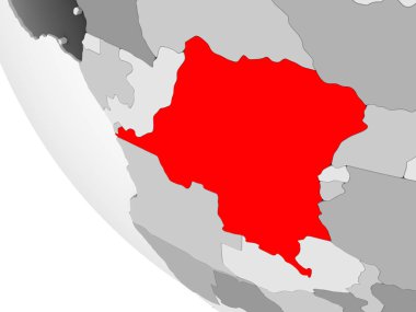 Demokratik Kongo Cumhuriyeti kırmızı görünür ülke sınırları ve şeffaf okyanuslar ile basit gri siyasi dünya üzerinde. 3D çizim.