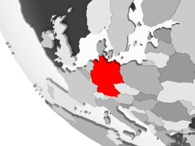 Almanya'da kırmızı görünür ülke sınırları ve şeffaf okyanuslar ile basit gri siyasi dünya üzerinde. 3D çizim.