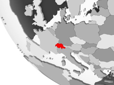 İsviçre kırmızı görünür ülke sınırları ve şeffaf okyanuslar ile basit gri siyasi dünya üzerinde. 3D çizim.