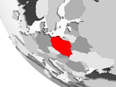 Polonya kırmızı görünür ülke sınırları ve şeffaf okyanuslar ile basit gri siyasi dünya üzerinde. 3D çizim.