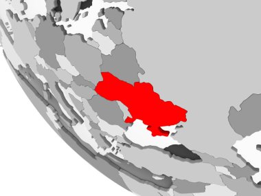 Ukrayna kırmızı görünür ülke sınırları ve şeffaf okyanuslar ile basit gri siyasi dünya üzerinde. 3D çizim.