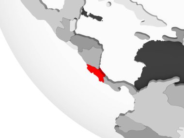 Kosta Rika kırmızı görünür ülke sınırları ve şeffaf okyanuslar ile basit gri siyasi dünya üzerinde. 3D çizim.