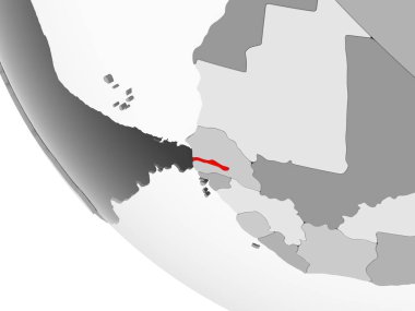 Gambiya kırmızı görünür ülke sınırları ve şeffaf okyanuslar ile basit gri siyasi dünya üzerinde. 3D çizim.