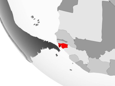 Gine-Bissau kırmızı görünür ülke sınırları ve şeffaf okyanuslar ile basit gri siyasi dünya üzerinde. 3D çizim.