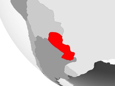 Paraguay kırmızı görünür ülke sınırları ve şeffaf okyanuslar ile basit gri siyasi dünya üzerinde. 3D çizim.