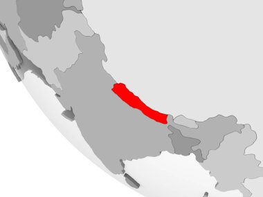 Nepal kırmızı görünür ülke sınırları ve şeffaf okyanuslar ile basit gri siyasi dünya üzerinde. 3D çizim.