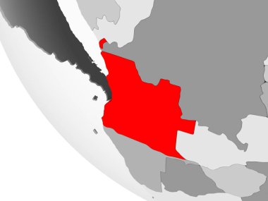 Angola kırmızı görünür ülke sınırları ve şeffaf okyanuslar ile basit gri siyasi dünya üzerinde. 3D çizim.