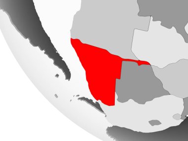 Namibya kırmızı görünür ülke sınırları ve şeffaf okyanuslar ile basit gri siyasi dünya üzerinde. 3D çizim.