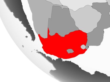 Güney Afrika kırmızı görünür ülke sınırları ve şeffaf okyanuslar ile basit gri siyasi dünya üzerinde. 3D çizim.