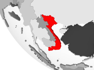 Vietnam kırmızı görünür ülke sınırları ve şeffaf okyanuslar ile basit gri siyasi dünya üzerinde. 3D çizim.