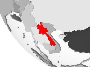 Laos kırmızı görünür ülke sınırları ve şeffaf okyanuslar ile basit gri siyasi dünya üzerinde. 3D çizim.