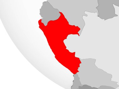 Peru kırmızı görünür ülke sınırları ve şeffaf okyanuslar ile basit gri siyasi dünya üzerinde. 3D çizim.