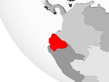 Ekvador kırmızı görünür ülke sınırları ve şeffaf okyanuslar ile basit gri siyasi dünya üzerinde. 3D çizim.
