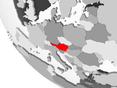 Avusturya kırmızı görünür ülke sınırları ve şeffaf okyanuslar ile basit gri siyasi dünya üzerinde. 3D çizim.