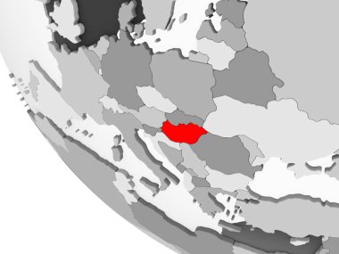 Macaristan kırmızı görünür ülke sınırları ve şeffaf okyanuslar ile basit gri siyasi dünya üzerinde. 3D çizim.