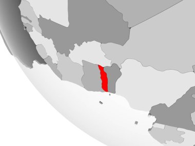 Togo kırmızı görünür ülke sınırları ve şeffaf okyanuslar ile basit gri siyasi dünya üzerinde. 3D çizim.