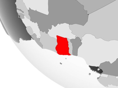 Gana kırmızı görünür ülke sınırları ve şeffaf okyanuslar ile basit gri siyasi dünya üzerinde. 3D çizim.