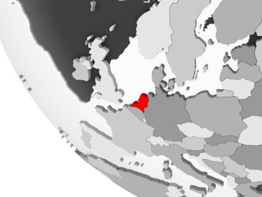 Hollanda kırmızı görünür ülke sınırları ve şeffaf okyanuslar ile basit gri siyasi dünya üzerinde. 3D çizim.
