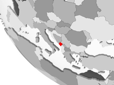 Karadağ kırmızı görünür ülke sınırları ve şeffaf okyanuslar ile basit gri siyasi dünya üzerinde. 3D çizim.