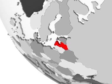 Letonya kırmızı görünür ülke sınırları ve şeffaf okyanuslar ile basit gri siyasi dünya üzerinde. 3D çizim.