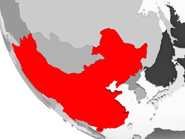 Çin kırmızı görünür ülke sınırları ve şeffaf okyanuslar ile basit gri siyasi dünya üzerinde. 3D çizim.