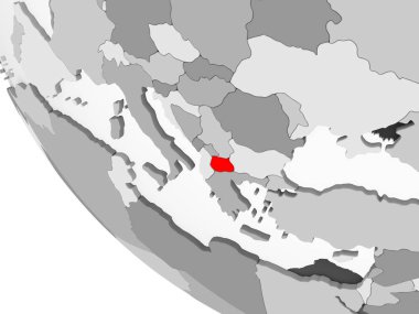 Makedonya kırmızı görünür ülke sınırları ve şeffaf okyanuslar ile basit gri siyasi dünya üzerinde. 3D çizim.