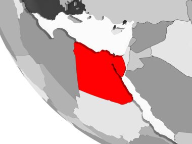 Mısır kırmızı görünür ülke sınırları ve şeffaf okyanuslar ile basit gri siyasi dünya üzerinde. 3D çizim.