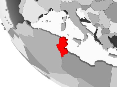 Tunus kırmızı görünür ülke sınırları ve şeffaf okyanuslar ile basit gri siyasi dünya üzerinde. 3D çizim.