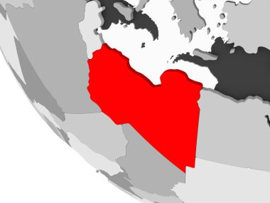 Libya kırmızı görünür ülke sınırları ve şeffaf okyanuslar ile basit gri siyasi dünya üzerinde. 3D çizim.