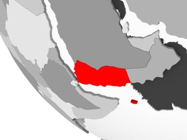 Yemen kırmızı görünür ülke sınırları ve şeffaf okyanuslar ile basit gri siyasi dünya üzerinde. 3D çizim.