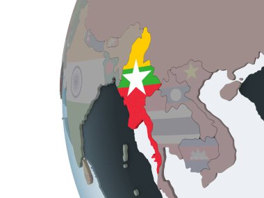 Myanmar katıştırılmış bayrak ile siyasi dünya üzerinde. 3D çizim.