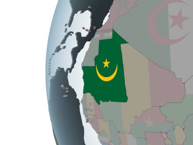 Moritanya katıştırılmış bayrak ile siyasi dünya üzerinde. 3D çizim.