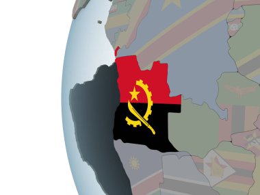 Angola katıştırılmış bayrak ile siyasi dünya üzerinde. 3D çizim.