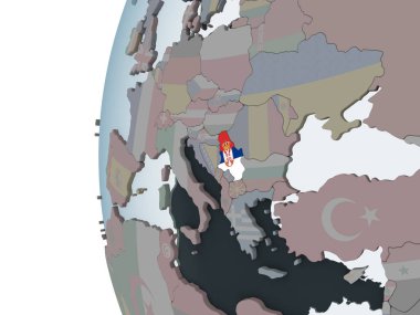 Sırbistan katıştırılmış bayrak ile siyasi dünya üzerinde. 3D çizim.