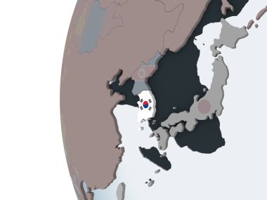 Güney Kore katıştırılmış bayrak ile siyasi dünya üzerinde. 3D çizim.