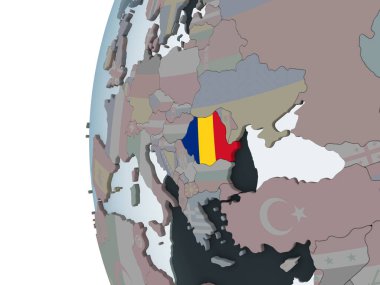 Romanya katıştırılmış bayrak ile siyasi dünya üzerinde. 3D çizim.