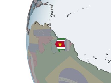 Surinam katıştırılmış bayrak ile siyasi dünya üzerinde. 3D çizim.