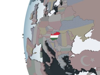 Macaristan katıştırılmış bayrak ile siyasi dünya üzerinde. 3D çizim.