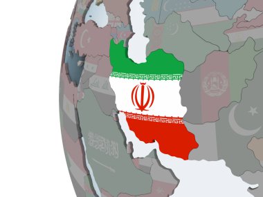 Iran katıştırılmış bayrak ile siyasi dünya üzerinde. 3D çizim.
