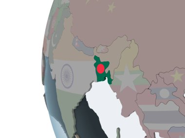 Bangladeş katıştırılmış bayrak ile siyasi dünya üzerinde. 3D çizim.