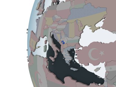 Kosova katıştırılmış bayrak ile siyasi dünya üzerinde. 3D çizim.