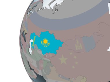Kazakistan katıştırılmış bayrak ile siyasi dünya üzerinde. 3D çizim.